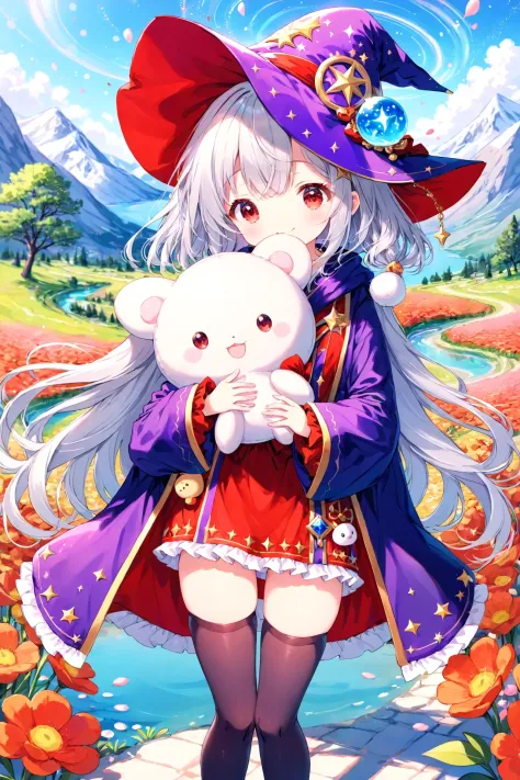 cute girl, wizard hat, robe, thigh-highs, holding cute stuffed toy, happy, silver hair, red eyes, landscape, scenery, bloom effect