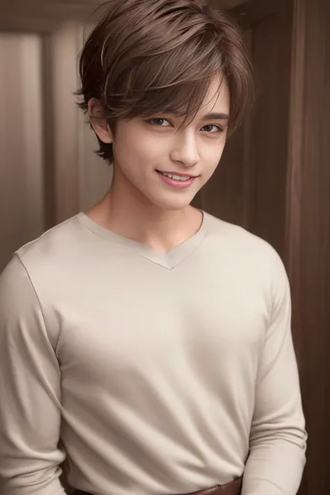 (1boy), (best quality), (masterpiece), (high resolution), (intricate details), (photorealistic), (cinematic light),  <lora:short_hair:0.3>
solo, realistic, short hair, brown hair, looking at viewer, smile, shirt, brown eyes, piercing, upper body, teeth, white shirt