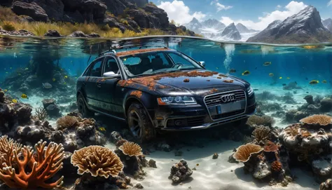 HDR, high resolution, extreme detail, (audi a4 8k) submerged under water with scatches and broken glass and flat tire standing f...