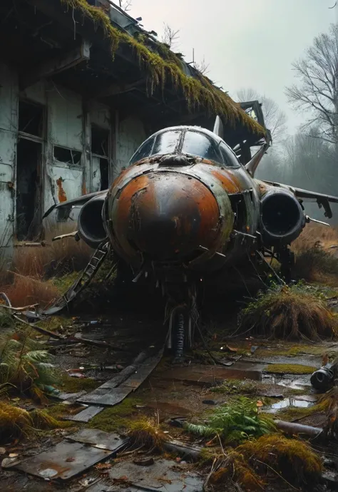 winter, dark, dusk, an abandoned old rusty fighter jet, an overgrown , frame weathered and worn, detailed  