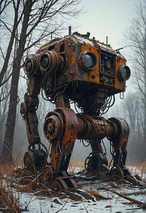 winter, dark, dusk, an abandoned old rusty mech, an overgrown , frame weathered and worn, detailed  <lora:SDXL - Style - Dystopi...