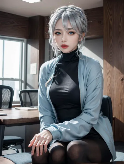 a close up of a woman sitting on a chair in an office