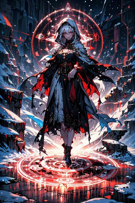 (masterpiece, best quality, detailed, high definition, vibrant colors), red theme, dark fantasy, dramatic, grim, bleak, full body, (priestess), standing, hood up, white hair, white robe, torn clothes, blood ritual, (magic circle), overflowing energy, (blood), outdoors, nighttime, snow, blizzard, clouds, mountains, rocks, winter <lora:magic circle_v2.0:0.6>