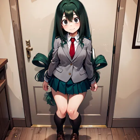 anime character dressed in school uniform standing in front of a door