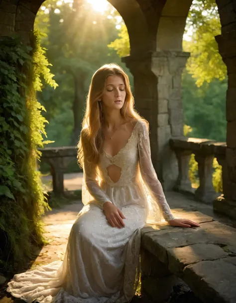 A regal, ethereal beauty named Jeny stands atopposed on an old stone bridge arched gracefully over a serene, her delicate silhouette framed by the rustic moss-covered archway and lush emerald foliage foliage of ancient trees that whisper secrets in the gentle breeze. Her long, golden hair cascades down her back like liquid sunlight, shimmering with iridescent jewels, while her eyes, deepest darkest blue summer sky, brim enigmaten, haunting beauty that stirs soul. Dressed in elegant flowing gown of ivory silk adorned delicate lace and exquisite embroidery, she plucked from pages fairytale, her slender figure poised with grace dignity atopposed the tranquilil waters below. Her hands adorn intricate rings that catch light like stars, are clasped together in front of her, as if prayer or meditation, head slightly bowed lost thought deep thought contemplation. The scene bathedhed in warm golden light casting long dappled shadows on stone ground and creating almost surreal dreamlike quality entire setting. A single candle flickers on small table behind her, its soft flickering flame casting warm intimate glow on face highlighting delicate features and adding air mystery allure air allure alluring. The emotional tone photo is one of solitude introspection, longing yet also strength resilence resilience, and inner peace as if she stands at threshold beginning or end ready face with grace dignity what comes next with grace and dignity. Jenny <lora:sjrhnr18fb6e7fd87s17c:1>