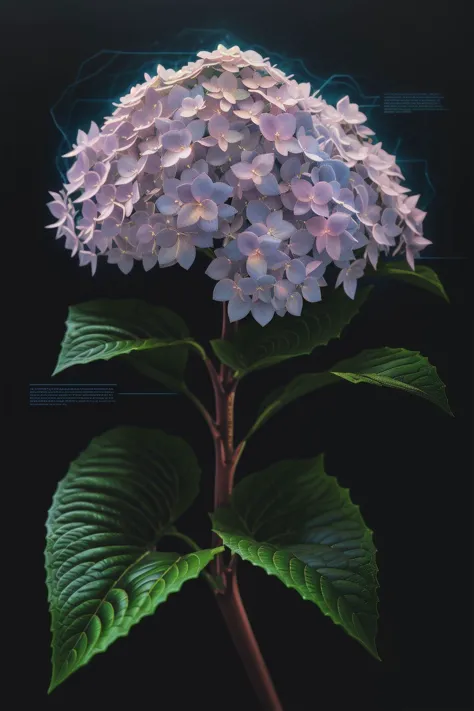 a bioluminescent Hydrangea, black background, J_diagram <lora:J_diagram:1>