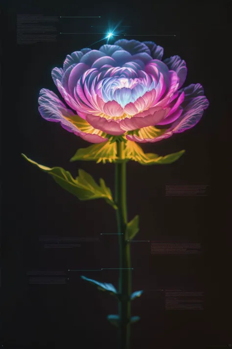 a bioluminescent ranunculus, black background, j_diagram <lora:j_diagram:1>