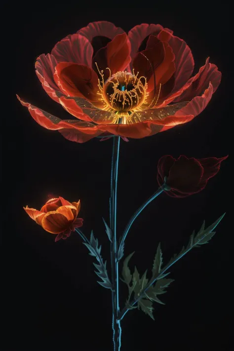 a bioluminescent poppy, black background, j_diagram <lora:j_diagram:1>