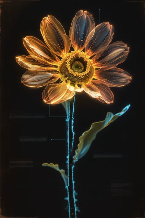 a bioluminescent Daisy, black background, J_diagram <lora:J_diagram:1>