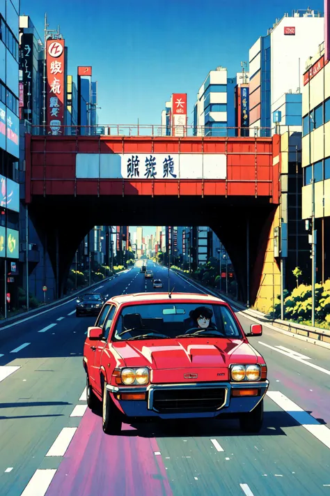 painting of a red car driving down a city street with a bridge