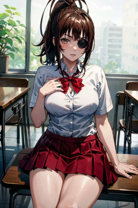 <lora:more_details:0.5>, <lora:yagyu-09:0.7>, yagyu_wz, brown hair, brown eyes,red skirt, miniskirt,  school uniform, pleated skirt, white shirt, ponytail, red ribbon,  (eyepatch:1.2), medium breasts, sitting,  indoors, classroom,, 1girl, (masterpiece:1.3), (high resolution), (8K), (extremely detailed), (4k), (pixiv), perfect face, nice eyes and face, (best quality), (super detailed), detailed face and eyes, (solo), textured skin, absurdres, highres