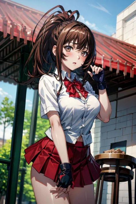 <lora:more_details:0.6>,   <lora:yagyu-09:0.7> yagyu_wz, brown hair, brown eyes, school uniform, pleated skirt,red skirt, miniskirt, white shirt, ponytail, red ribborn, medium breasts, fingerless gloves, standing, looking at viewer, (view from below:1.2), park, blush, nervous,, 1girl, (masterpiece:1.3), (high resolution), (8K), (extremely detailed), (4k), (pixiv), perfect face, nice eyes and face, (best quality), (super detailed), detailed face and eyes, (solo), textured skin, absurdres, highres