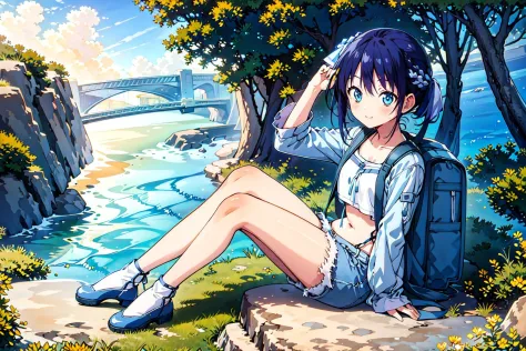 <lora:minasenagisa-10:0.85>, 1girl, blue hair, sitting, denim shorts, white shirt, backpack, river, rock, cliff, grass, tree, su...