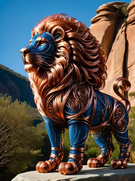 Un león intrincadamente elaborado con alambre de cobre ral-sdxl, Orgulloso de estar en Pride Rock con un hermoso cielo azul arriba