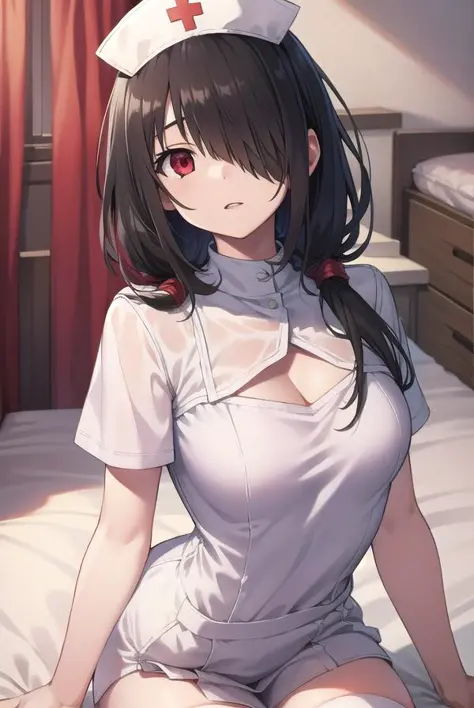 kurumitokisaki, tokisaki kurumi, black hair, low twintails, (hair over one eye:1.5), (red eyes:1.2), (small breast:1.2), BREAK thighhighs, hat, cleavage, white thighhighs, nurse cap, nurse, tokisaki kurumi, BREAK looking at viewer, BREAK indoors, bed, bedroom, BREAK (masterpiece:1.2), best quality, high resolution, unity 8k wallpaper, (illustration:0.8), (beautiful detailed eyes:1.6), extremely detailed face, perfect lighting, extremely detailed CG, (perfect hands, perfect anatomy),