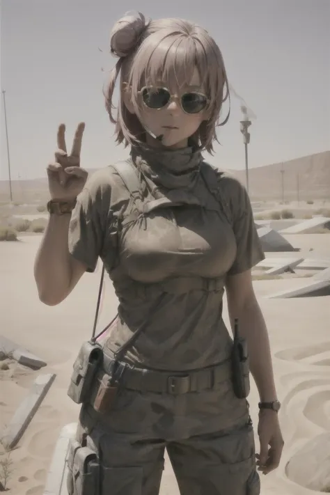 a woman in a desert outfit holding a gun and peace sign