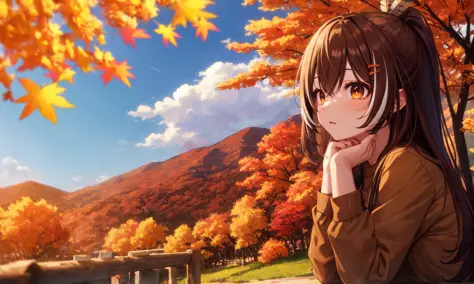 (mksks style, detailed background:1.1), nanashi_mumei, feather, solo, brown shirt, brown hair, long hair, comfy, (outdoors, spri...