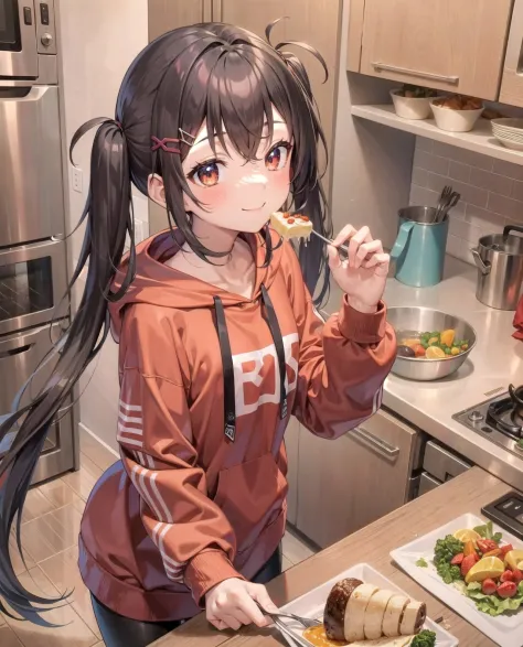 (grainy:0.5),girl,(black leggings:1.2),eating,kitchen, (red soft big hoodie:1.1),messy medium twintail,buttefly hairpin,smiling, soft skin, expensive clothing,