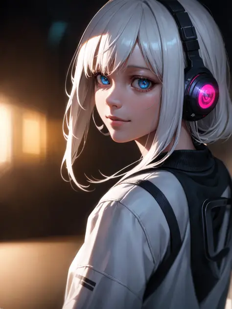 sle, mksks style, detailed background, anime, (on the moon, space, looking back into earth), white hair, black tank top, volumet...