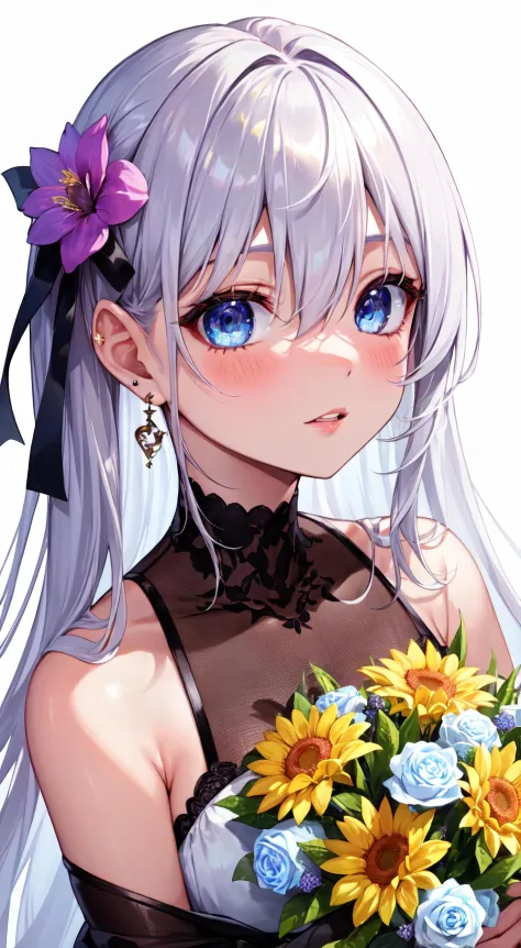 1girl, flower, solo, portrait, earrings, ribbon, bangs, jewelry, bouquet, leaf, blush, purple flower, blue eyes, white hair, pink flower, looking at viewer, long hair, white background, parted lips, white flower, hair between eyes, yellow flower, hair ribbon, simple background, hair ornament, hair flower, flower earrings