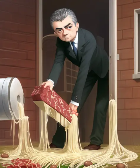 Et Rowan Atkinson brisa la boîte et y déposa le lait baratté du (arbre à spaghetti et bœuf haché)