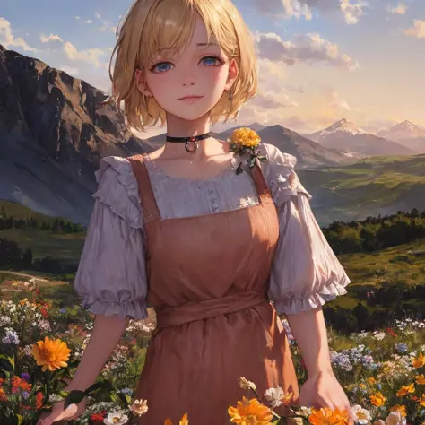 (realistic,painting_style,) mature, amelia watson, virtual youtuber, short hair, blonde, choker, masterpiece, best quality, cowboy_shot, standing, realistic eyes, head tilt, smug, looking_at_viewer, mountain, holding_flowers