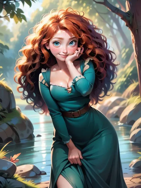 a woman in a green dress standing in front of a river