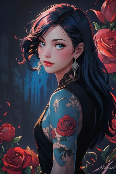 a woman with tattoos and roses on her arm