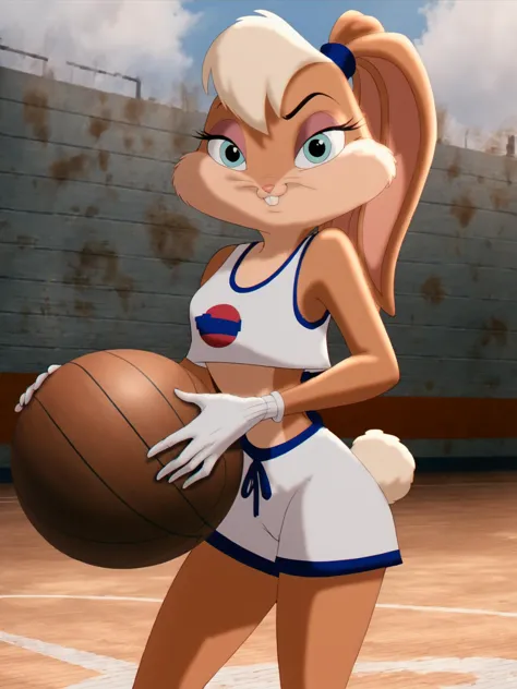 lolabunny, 1girl, solo, furry female, rabbit ears, rabbit girl, animal nose, crop top,white gloves,basketball, holding,  blue eyes, body fur, standing, tail sleeveless,white shorts, buck teeth,cowboy shot,smile,looking at viewer, outdoors, score_9, score_8_up, score_7_up, score_6_up, score_5_up, score_4_up   <lora:LolaBunnyPony1.2:1>