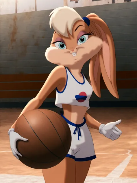 lolabunny, 1girl, solo, furry female, rabbit ears, rabbit girl, animal nose, crop top,white gloves,basketball, holding,  blue eyes, body fur, standing, tail sleeveless,white shorts, buck teeth,cowboy shot,smile,looking at viewer, outdoors, score_9, score_8_up, score_7_up, score_6_up, score_5_up, score_4_up   <lora:LolaBunnyPony1.2:1>