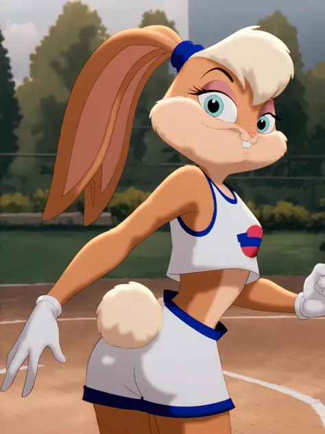 lolabunny, 1girl, solo, furry female, rabbit ears, rabbit girl, animal nose, crop top,white gloves,from behind,looking back,   blue eyes, body fur, standing, tail sleeveless,white shorts, buck teeth,cowboy shot,smile,looking at viewer, outdoors, score_9, score_8_up, score_7_up, score_6_up, score_5_up, score_4_up   <lora:LolaBunnyPony1.2:1>