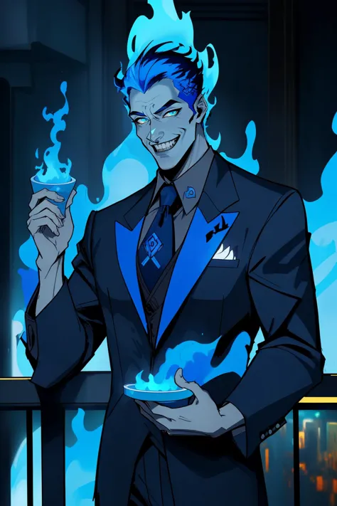 <lora:Hades_Disney:0.6>Hades_Disney,suit,necktie,cyberpunk,bar,indoors,beautiful lighting,handsome, grey skin, (blue fire:1, fiery hair, blue fire), grin, (masterpiece, best quality,highres, perfect hands)