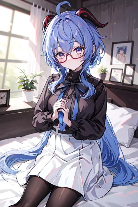 1girl, solo, cowboy shot, <lora:bankyu:0.7>, bankyu, purple_eyes, blue hair,  blue ribbon, black_shirt, white_skirt, long_hair, ...