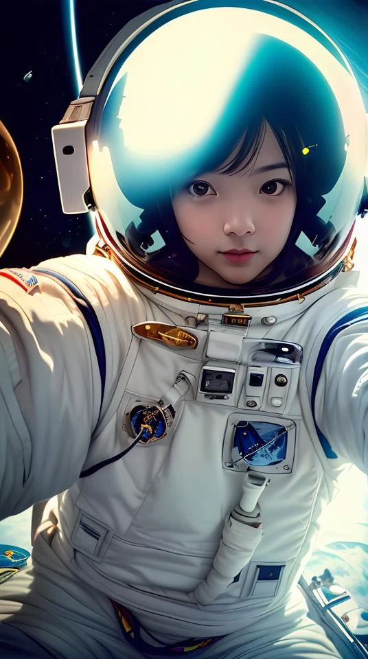 (fotográfico:1.3), (foto en bruto:1.3), (lente ultra gran angular:1.3), (tiro lejano:1.3), (foto selfie:1.3), (Un astronauta tomándose una selfie flotando en el espacio:1.3), (casco puesto:1.3), (espacio infinito detrás de él:1.3), (sin gravedad:1.1), iluminación suave, grano de la película, Fujifilm XT3, DSLR, Obra maestra, mejor calidad, Realista, Alta calidad, Realista works, detalles ultra altos, 8k hd, Material de piel auténtica