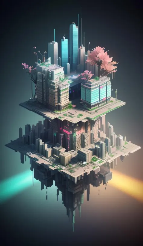 dskise, (isometric) , (flower), (vaporwave), isometric cutaway of a crystalized dilapidated city, cityscape, volumetric lighting...