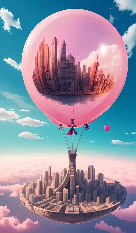 giant pink balloon,cities floating on balloons,magnificent clouds,pink ...