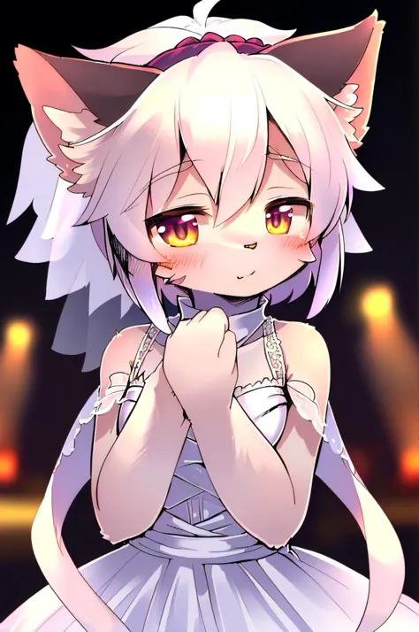 (masterpiece, best quality, hires), style-bridal, elh, cat ears, cat girl, short hair, furry female, white hair, blush