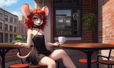 solo, (high resolution, masterpiece, detailed), furry, female, (petite), light fur, light ears, red hair, black eyebrows, green ...