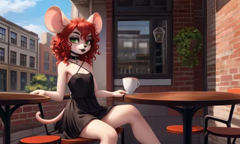 solo, (high resolution, masterpiece, detailed), furry, female, (petite), light fur, light ears, red hair, black eyebrows, green eyes, mouse girl, small breasts, mouse tail, curly hair, 
black eyeshadow, black lipstick, goth, choker necklace, dress,
sitting at cafe table in front of a building, 
distant shot,