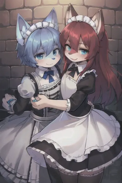 Create an image featuring two individuals 
(blue short hair, green eyes, human girl, wearing a maid outfit, skin becoming purple and furry, wolf ears, horny face) and
(red long hair, blue eyes, human girl, wearing a princess dress, skin becoming brown and furry, wolf ears, horny face)
inside dungeon prison