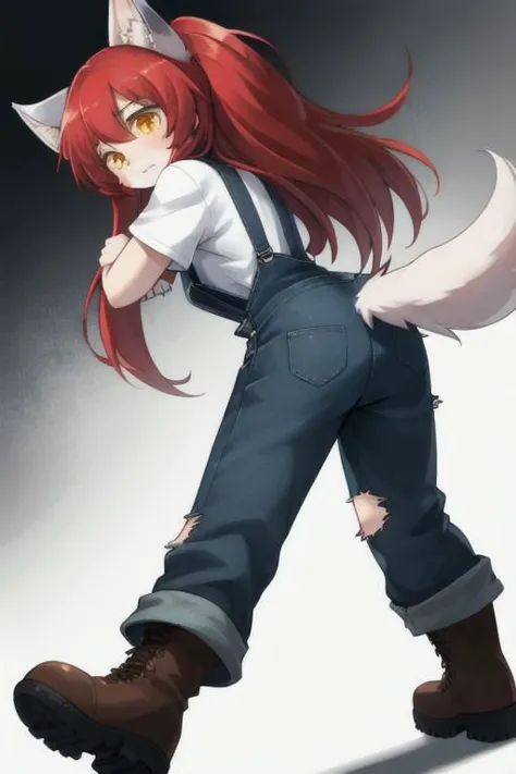 red long hair, yellow eyes, a human girl, wearing a shirt with 
 torn overalls and boots, a shocking face, legs become furry, wo...