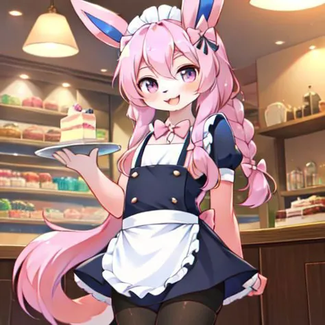 anime character with pink hair and blue eyes holding a cake