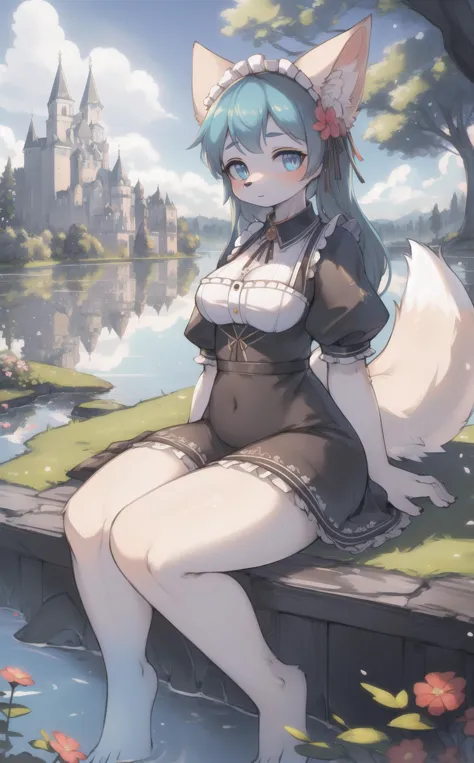 (best quality, high quality:1.1), a female fox in maid uniform, sitting, slim, fluffy, looking at viewer, seductive, pinup, castle, lake, flower, marble, trees, sky, detailed background, by thebigslick, by honovy, by oouna, (by pino daeni:1.1), BREAK masterpiece, best quality, ultra realistic, 4k, 2k, (intricate:1.1), (high detail:1.3), film photography, sharp focus, RAW photo, photorealistic, analog style, subsurface scattering, photorealism, absurd res