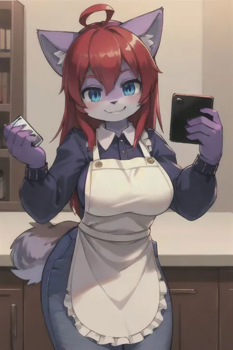 red hair, blue eyes, human girl, wearing an apron and jeans only, holding a phone, selfie, skin become purple and furry, smile, wolf ears