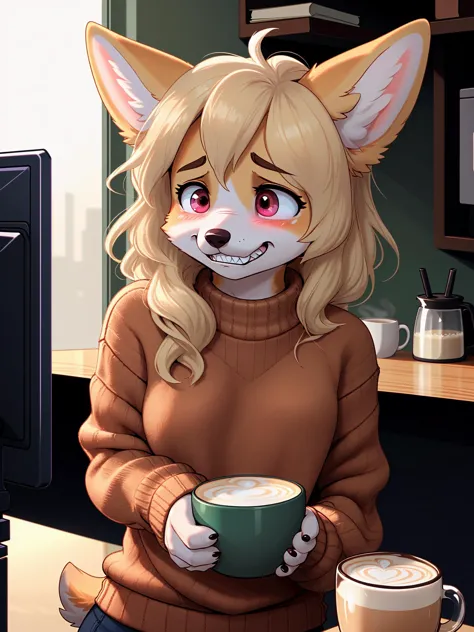 1fille, Corgi, fixé_sourire, dents serrées, œils_en regardant_inà_le_milieu_distance, Pull-over, latté, œil_contractions, nerveux, holding_dos_colère, exhorter_à_tuer_en hausse,