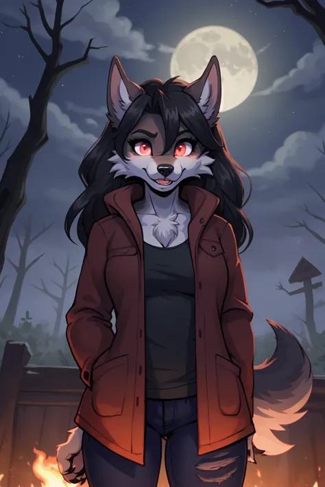 a cartoon wolf girl standing in front of a fire