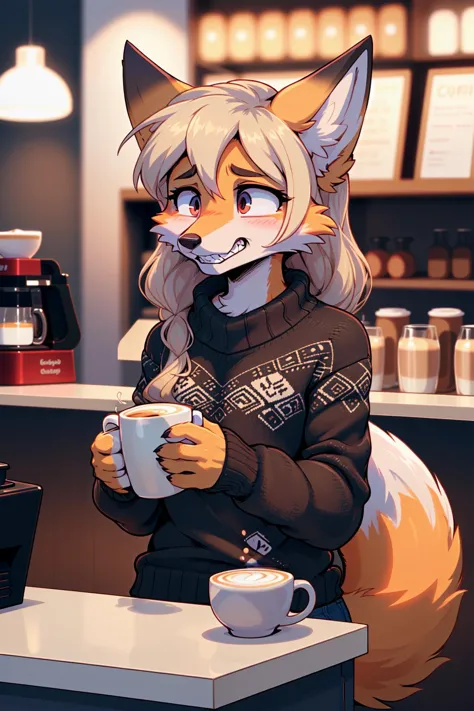 1girl, fox_girl, fixed_grin, gritted teeth, eyes_staring_into_the_middle_distance, sweater, latte, twitching, nervous, holding_b...