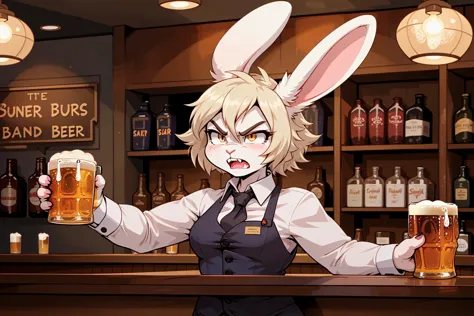 1girl, rabbit_girl, bunny_ears, angry, bartender, serving beer at a bar, irate_scowl,