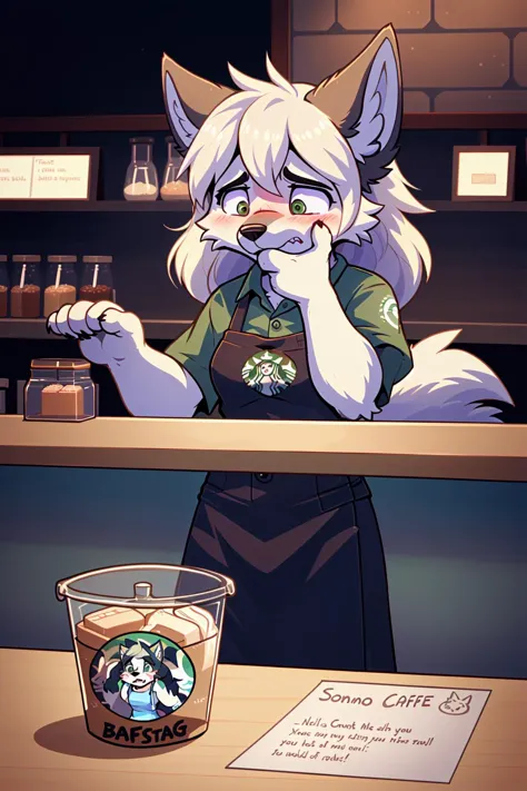 dynamic_angle, foreground: tip_jar_filled with condoms,
1girl, adorable wolf_girl, Starbucks_barista, hands under chin, howling, (embarrassed|disgusted|sad)
"Nooo! You're not a'posta put comdoms in the tip jar! Awooo!", ð­,