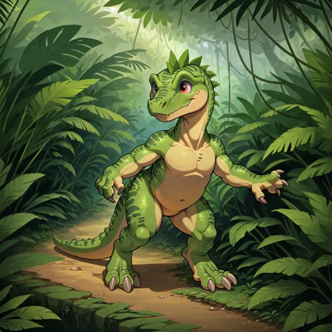 solo, jungle scene, adorable feral bipedal dinosaur, oversized head, three toes